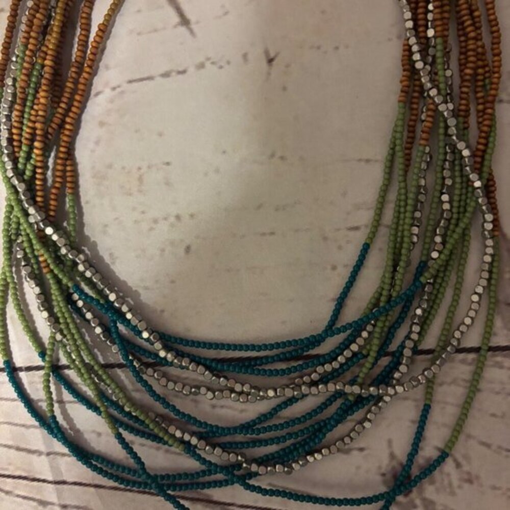 Vintage BOHO Lia Sophia Strand Necklace Y2K Art Deco Flair Green & Brown